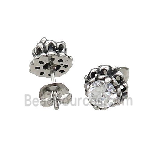 Stainless Steel Stud Earring Pave Rhinestone Lotus Antique Silver