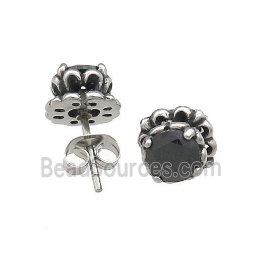 Stainless Steel Stud Earring Pave Rhinestone Lotus Antique Silver