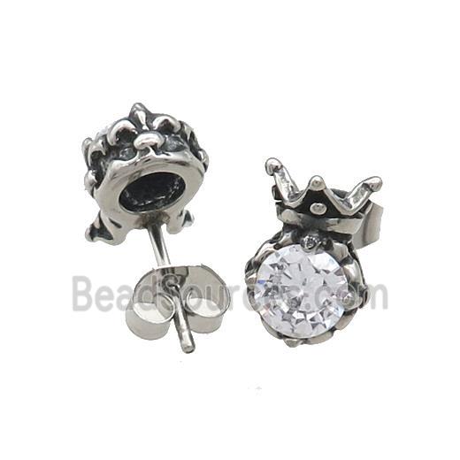 Stainless Steel Stud Earring Pave Rhinestone Crown Antique Silver