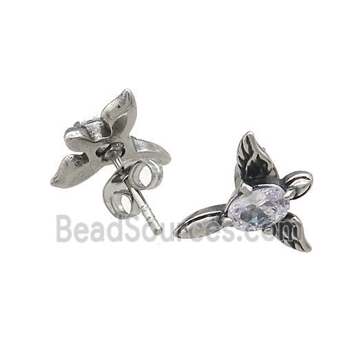 Stainless Steel Stud Earring Pave Rhinestone Angel Wings Antique Silver