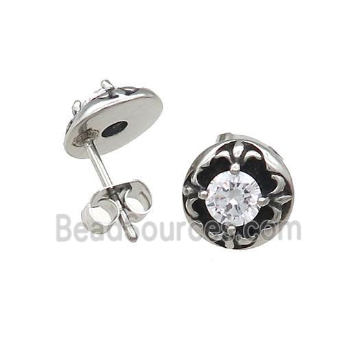 Stainless Steel Stud Earring Pave Rhinestone Flower Of Lily Antique Silver