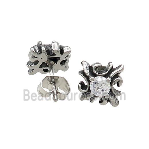 Stainless Steel Stud Earring Pave Rhinestone Antique Silver