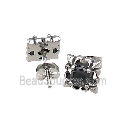 Stainless Steel Stud Earring Pave Rhinestone Antique Silver