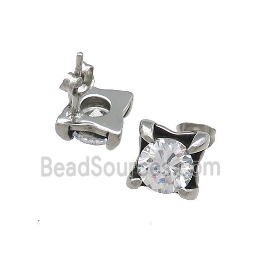 Stainless Steel Stud Earring Pave Rhinestone Antique Silver