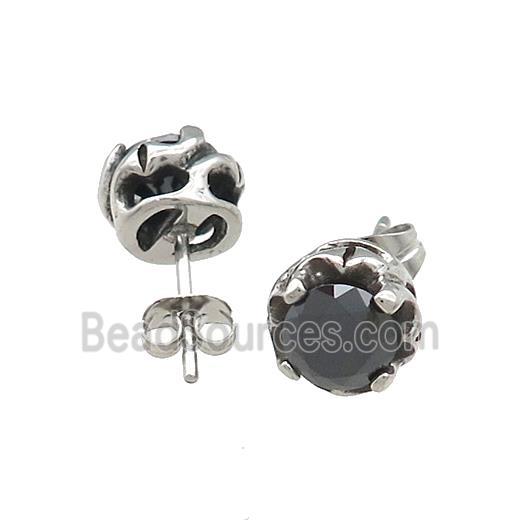 Stainless Steel Stud Earring Pave Rhinestone Antique Silver