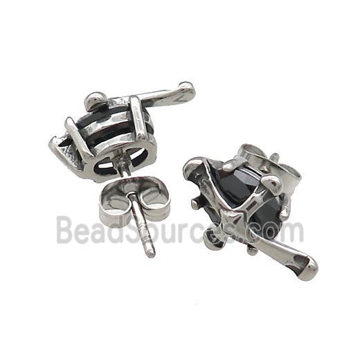 Stainless Steel Stud Earring Pave Rhinestone Antique Silver