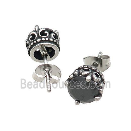 Stainless Steel Stud Earring Pave Rhinestone Flower Of Lily Antique Silver