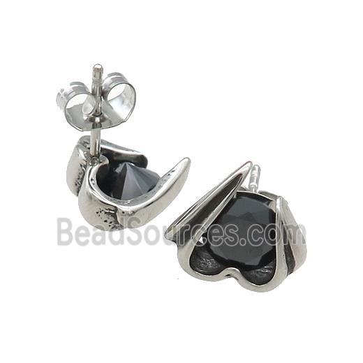 Stainless Steel Stud Earring Pave Rhinestone Antique Silver