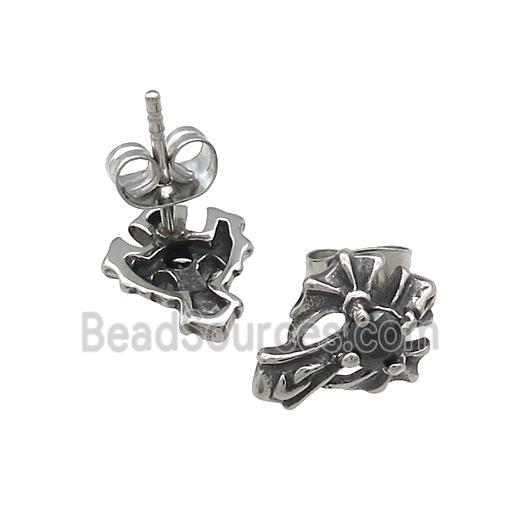 Stainless Steel Stud Earring Pave Rhinestone Antique Silver