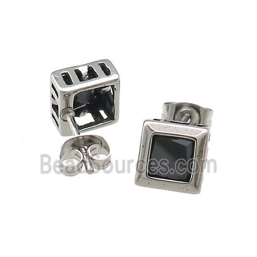 Stainless Steel Stud Earring Pave Rhinestone Antique Silver