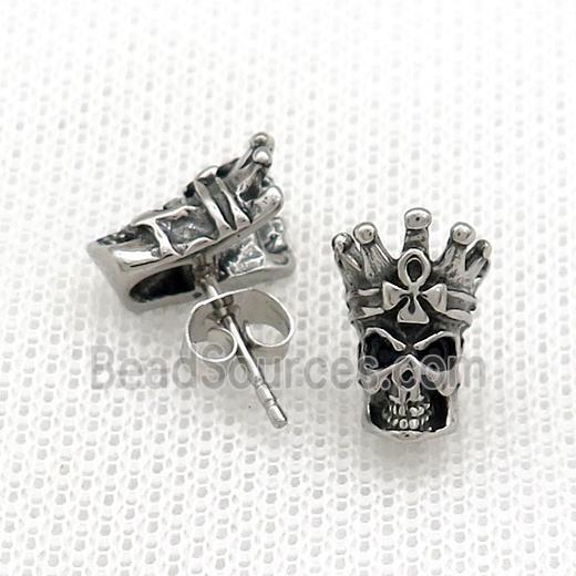 Stainless Steel Stud Earring Pave Rhinestone Skull Antique Silver