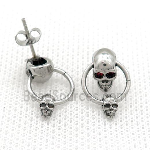 Stainless Steel Stud Earring Pave Rhinestone Skull Antique Silver