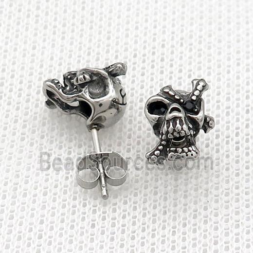 Stainless Steel Stud Earring Pave Rhinestone Skull Antique Silver