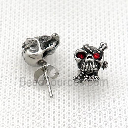 Stainless Steel Stud Earring Pave Rhinestone Skull Antique Silver