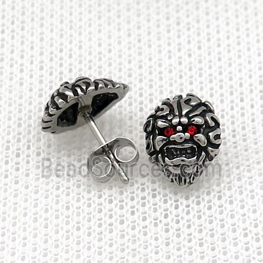 Stainless Steel Stud Earring Pave Rhinestone Skull Antique Silver