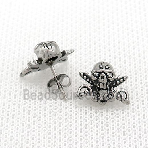 Stainless Steel Stud Earring Pave Rhinestone Skull Antique Silver