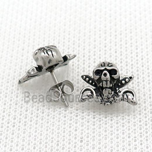 Stainless Steel Stud Earring Pave Rhinestone Skull Antique Silver