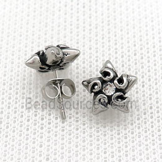 Stainless Steel Stud Earring Pave Rhinestone Star Antique Silver