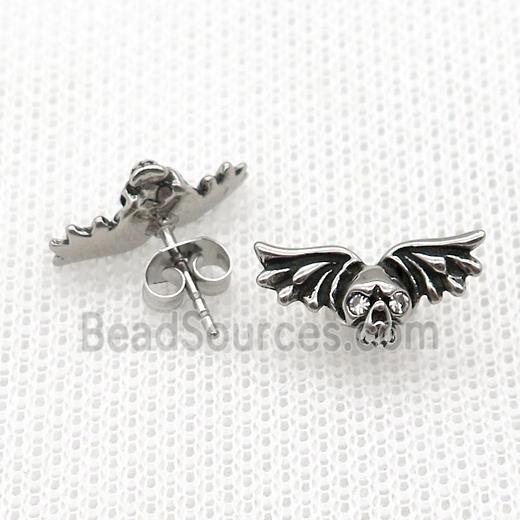 Stainless Steel Stud Earring Pave Rhinestone Skull Wings Antique Silver