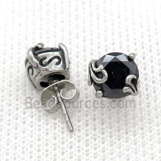 Stainless Steel Stud Earring Pave Rhinestone Antique Silver