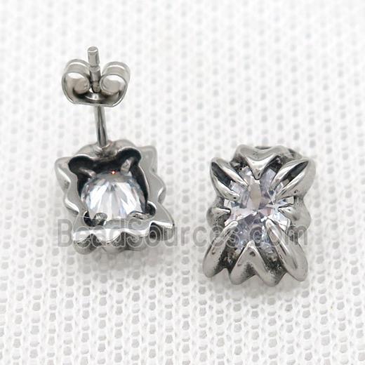 Stainless Steel Stud Earring Pave Rhinestone Antique Silver