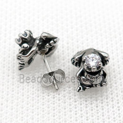 Stainless Steel Stud Earring Pave Rhinestone Antique Silver