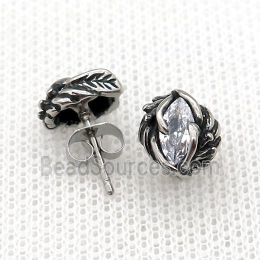 Stainless Steel Stud Earring Pave Rhinestone Leaf Antique Silver