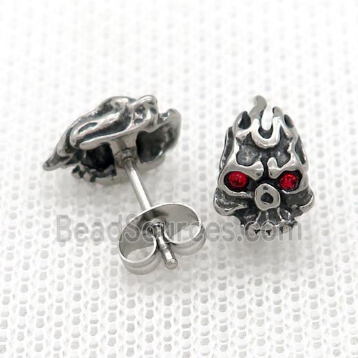 Stainless Steel Stud Earring Pave Red Rhinestone Skull Antique Silver