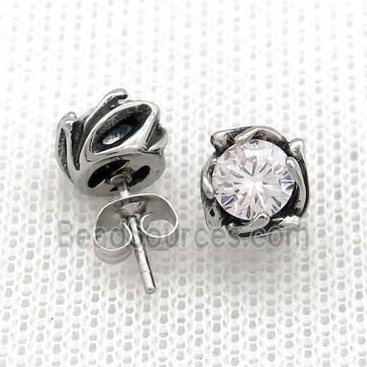 Stainless Steel Stud Earring Pave Rhinestone Antique Silver