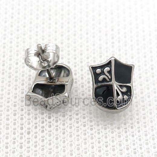 Stainless Steel Stud Earring Shield Antique Silver