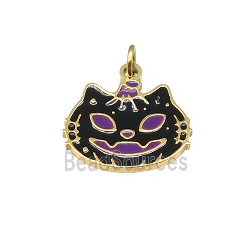 Halloween Cat Charms Stainless Steel Pendant Black Enamel Gold Plated