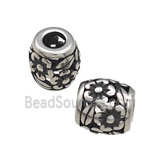 Titanium Steel Barrel Beads Large Hole Flower Hollow Antique Silver