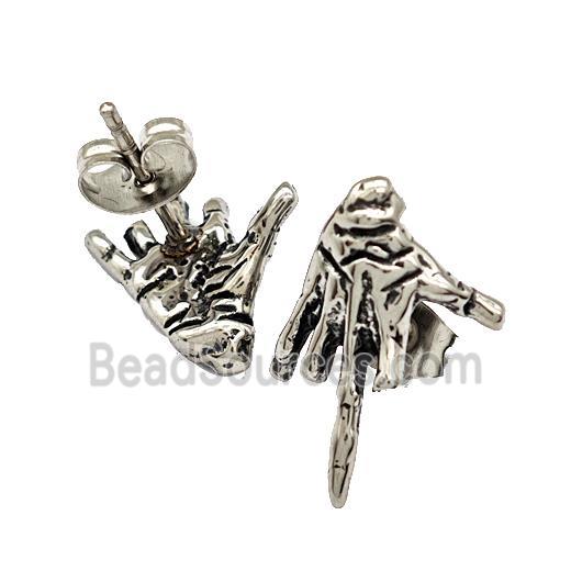 Stainless Steel Stud Earrings Middle Hand Sign Antique Silver