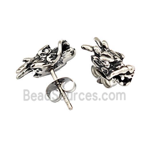 Stainless Steel Stud Earrings Pave Rhinestone Dragon Head Antique Silver