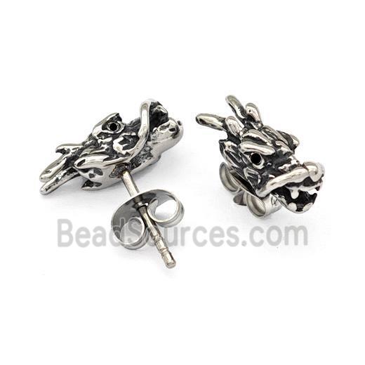 Stainless Steel Stud Earrings Pave Rhinestone Dragon Head Antique Silver