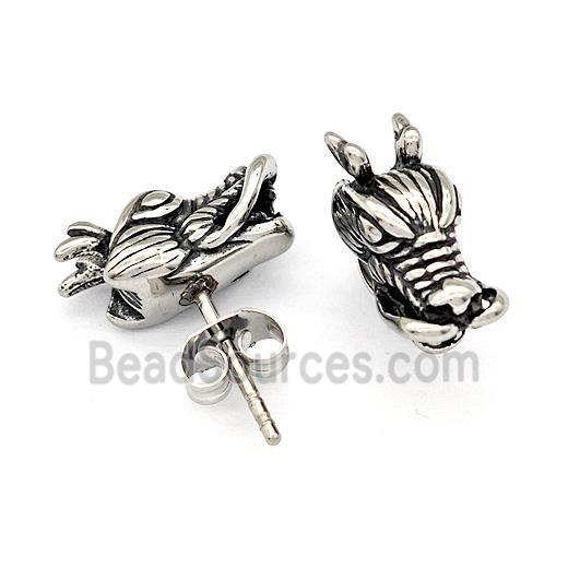 Stainless Steel Stud Earrings Dragon Head Antique Silver