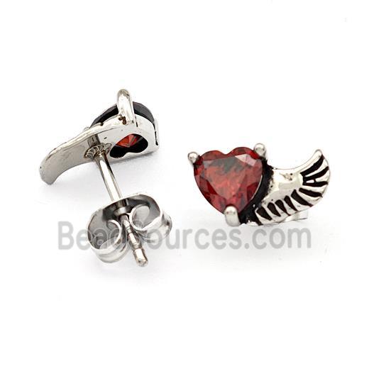 Stainless Steel Angel Wings Stud Earrings Pave Rhinestone Antique Silver