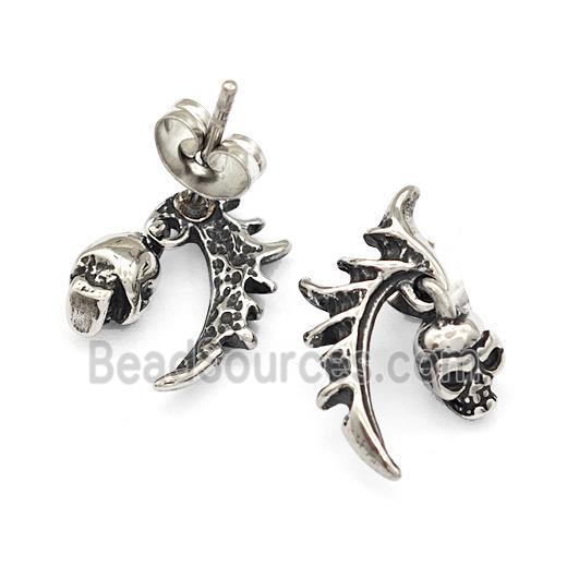 Tribal Wing Skull Charms Stainless Steel Stud Earrings Antique Silver