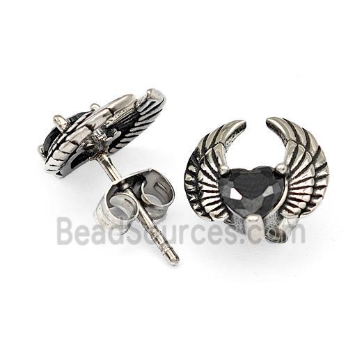 Stainless Steel Angel Wings Stud Earrings Pave Rhinestone Antique Silver