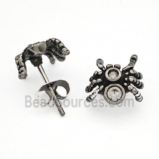 Stainless Steel Spider Stud Earrings Pave Rhinestone Antique Silver