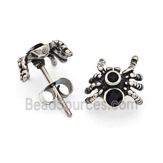 Stainless Steel Spider Stud Earrings Pave Rhinestone Antique Silver