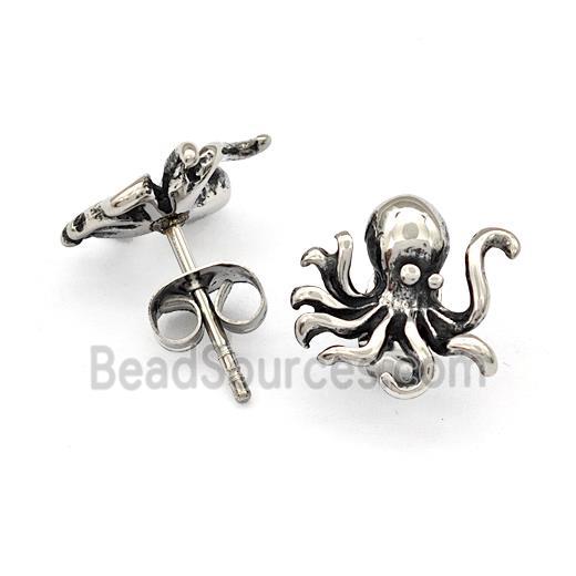 Stainless Steel Octopus Stud Earrings Antique Silver