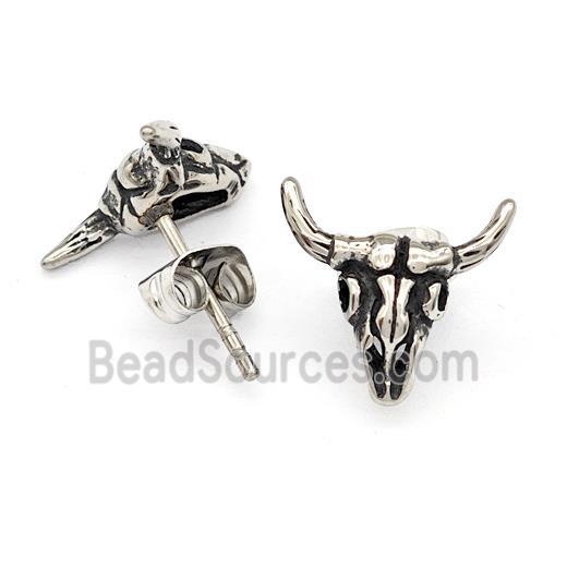 Stainless Steel Bull Stud Earrings Antique Silver