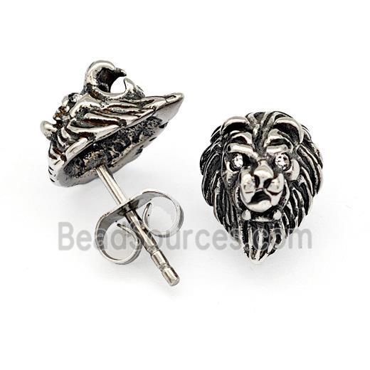 Stainless Steel Leo Stud Earrings Pave Rhinestone Antique Silver