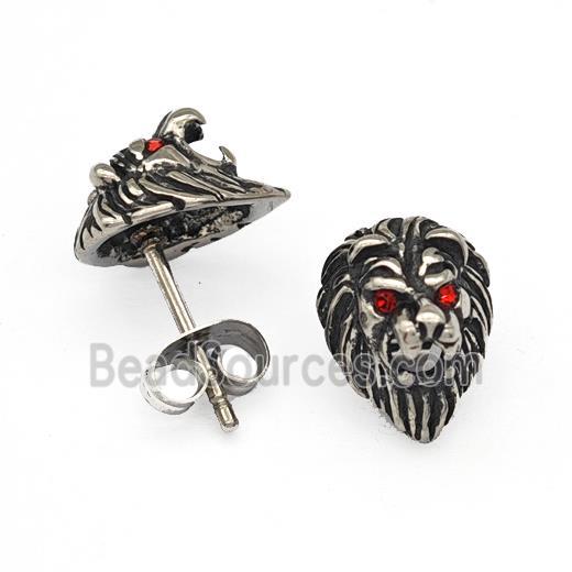 Stainless Steel Lion Stud Earrings Pave Rhinestone Antique Silver