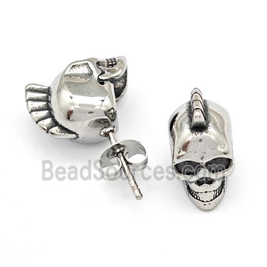 Stainless Steel Skull Stud Earrings Antique Silver