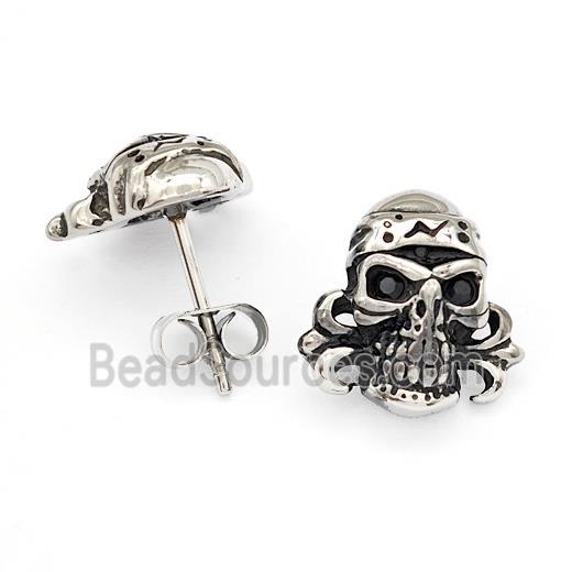 Stainless Steel Skull Stud Earrings Pave Rhinestone Antique Silver