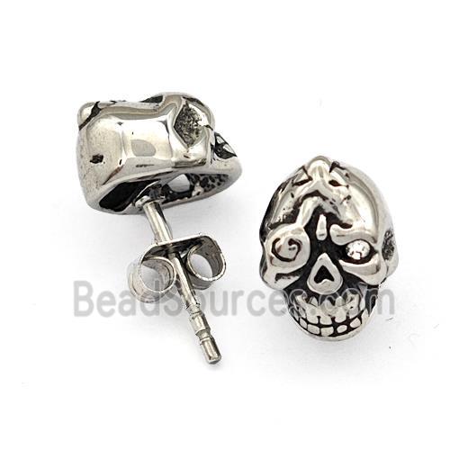 Stainless Steel Skull Stud Earrings Pave Rhinestone Antique Silver