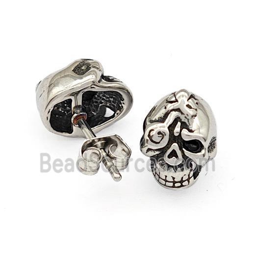 Stainless Steel Skull Stud Earrings Pave Rhinestone Antique Silver