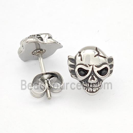 Stainless Steel Skull Stud Earrings Pave Rhinestone Antique Silver